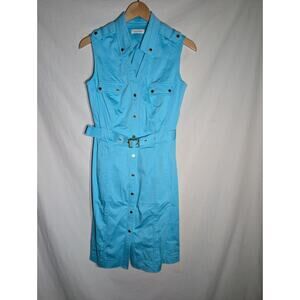 Calvin Klein Womens Button Down Sleeveless Dress Belt Turquoise Safari Blue Sz 4
